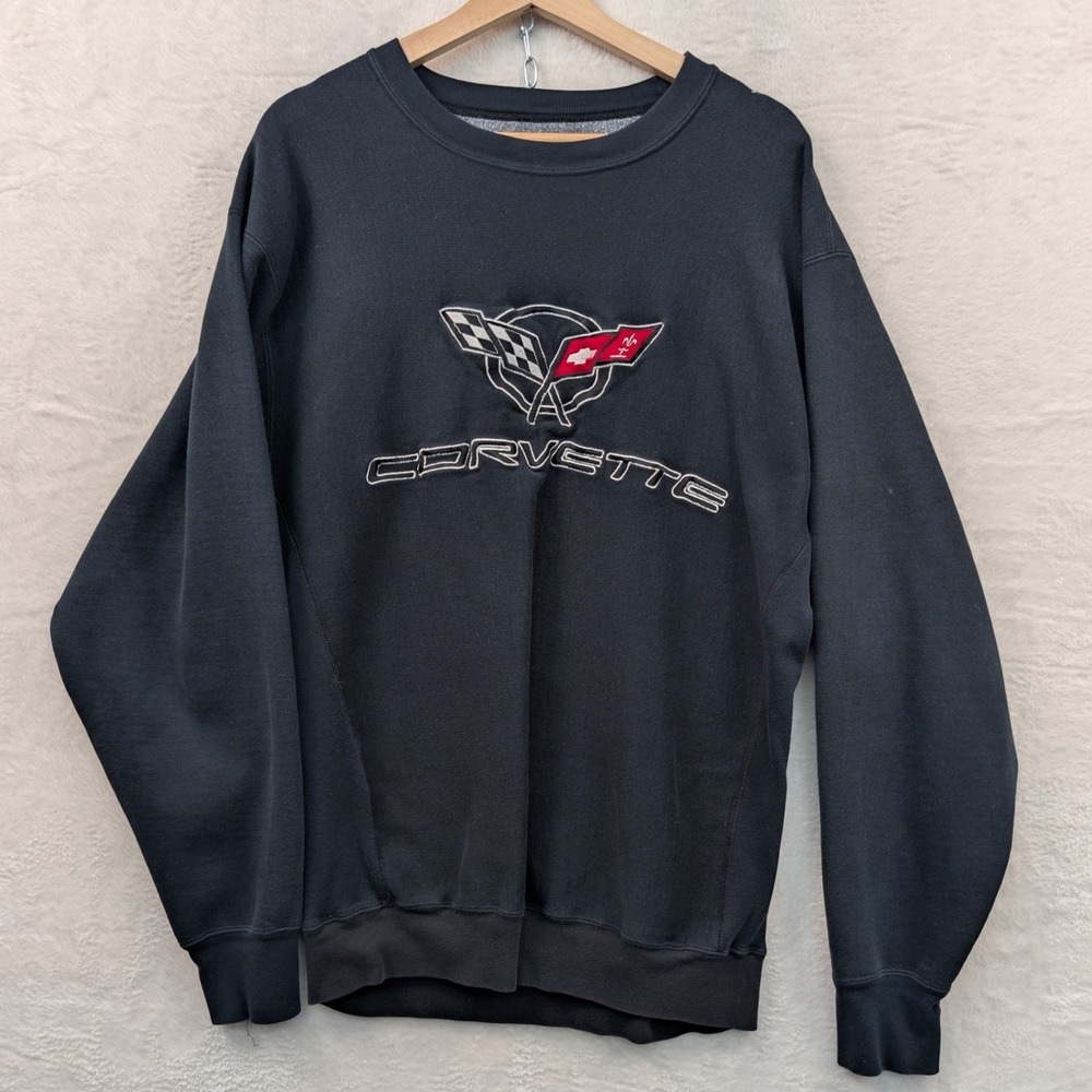 VTG Steve & Barry's Sweatshirt Men's L Black Corvette Racing Reverse Weave Y2K